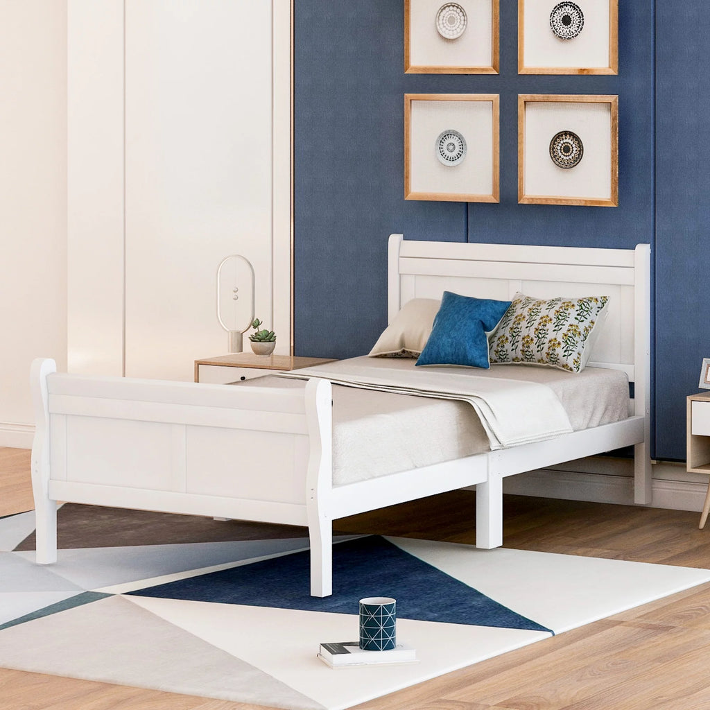 White Twin Wood Platform Bed Frame with Headboard Z261494