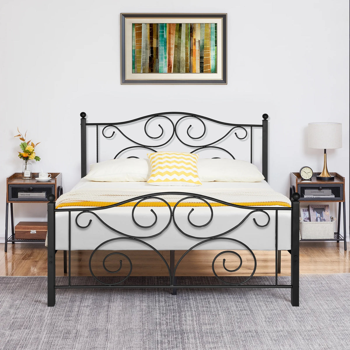 Metal Platform Bed Frame with Victorian Headboard and Footboard, Full Size, Black F463613