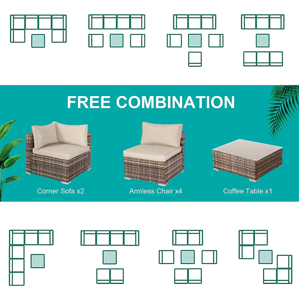 7 Pieces PE Rattan Patio Furniture Set with Table and Cushions W32096