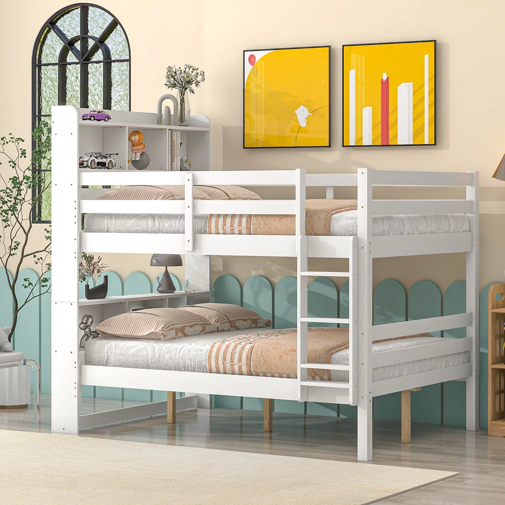 Full Over Full Bunk Beds with Bookcase Headboard Solid Wood Bed Frame with Safety Rail and Ladder White G3455
