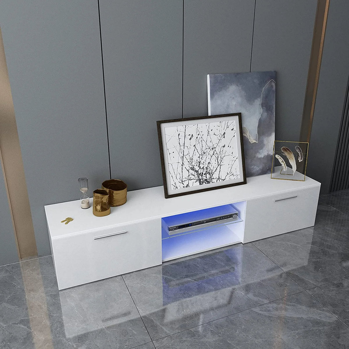 High Gloss White LED Light TV Stand with Storage, Shelves T2929