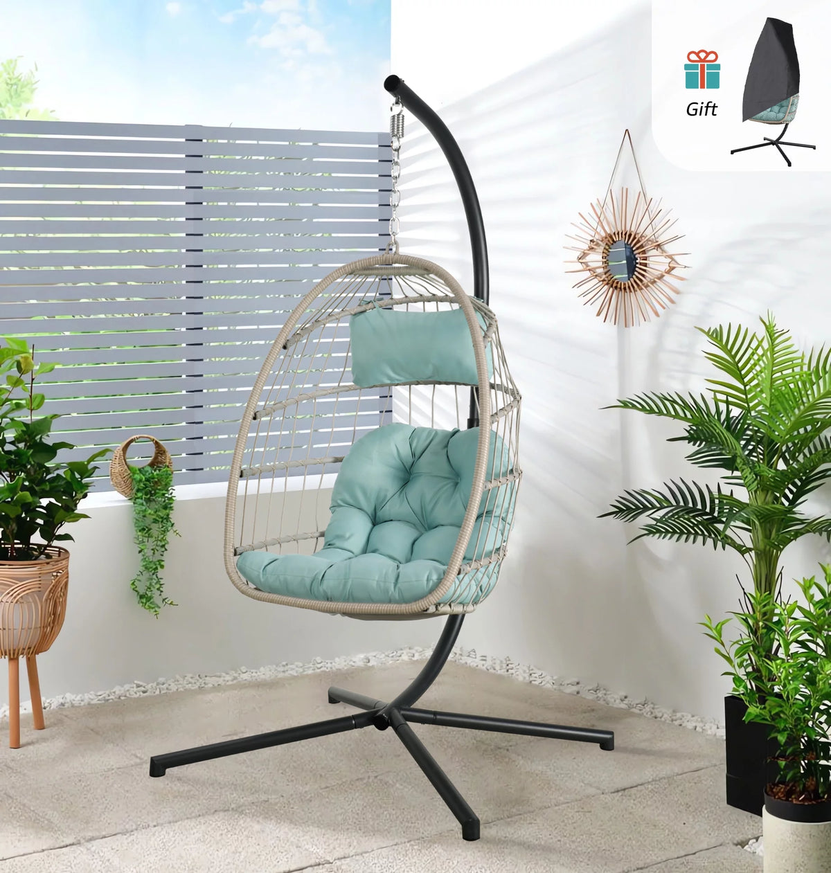 Baby Blue Wicker Egg Chair with Stand and Cover C61650