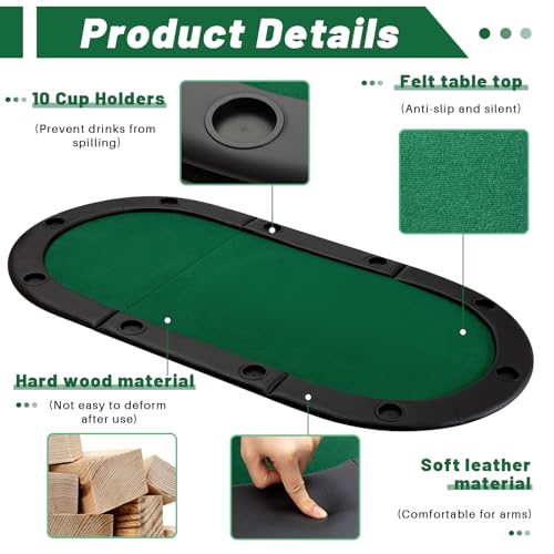 84" Tri Fold Folding Poker Padded Table Top with 10 Cupholders Green L615