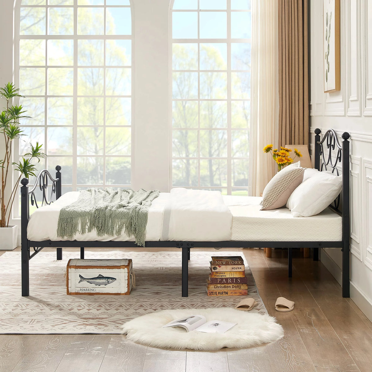 Metal Platform Bed Frame with Victorian Headboard and Footboard, Full Size, Black F463613