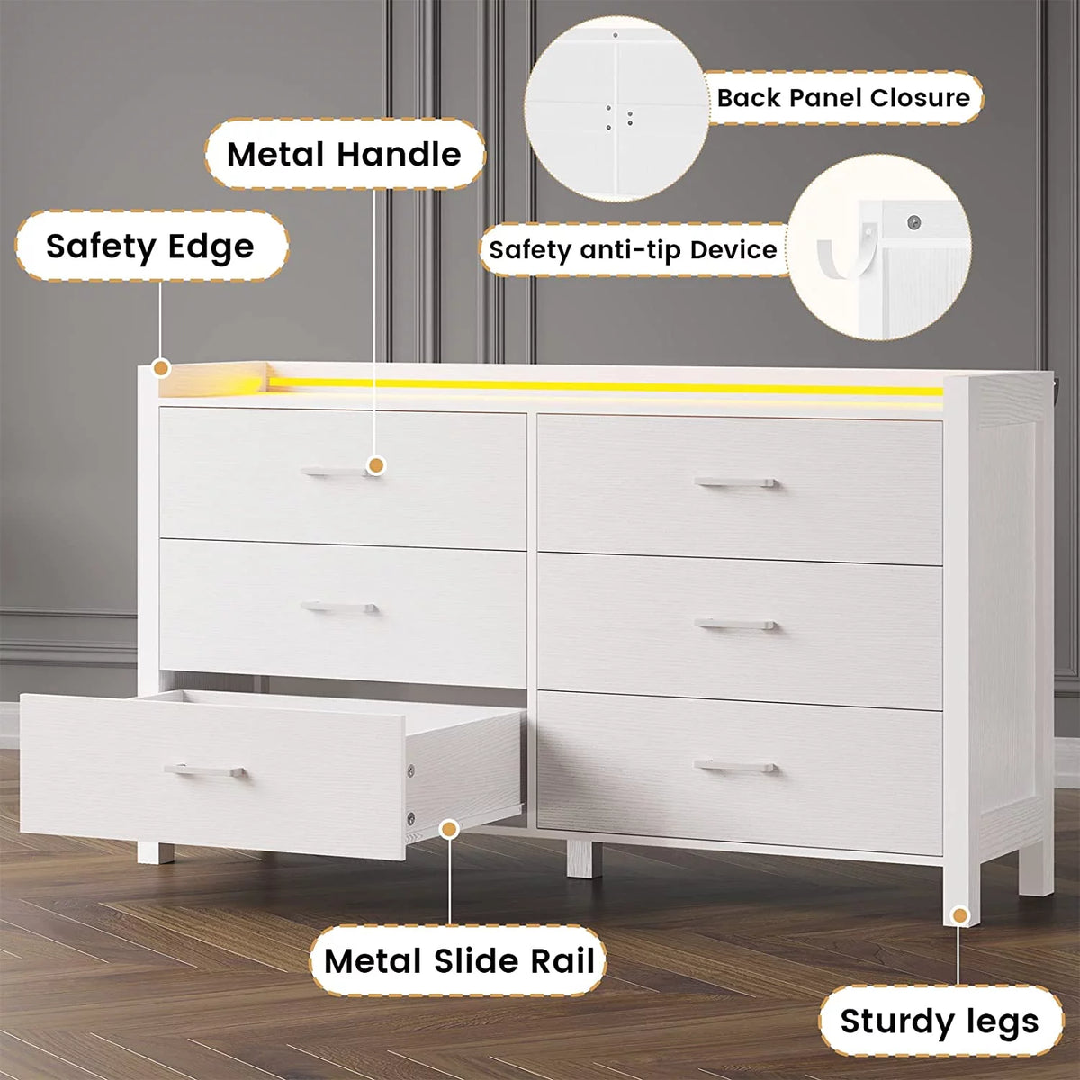 White 6 Drawer Wooden Dresser O610