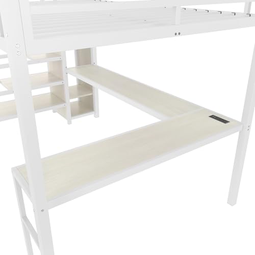 Queen Size White Wood Grain Metal Loft Bed with Desk and Wardrobe L486
