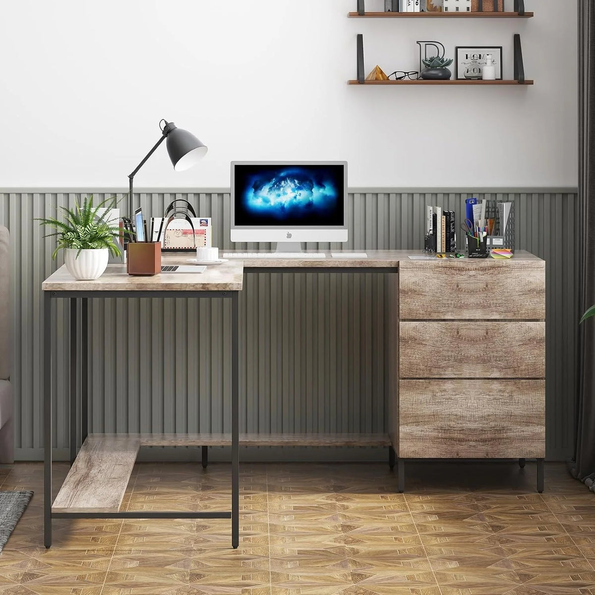 L-Shaped Computer Desk with Drawers Y348895
