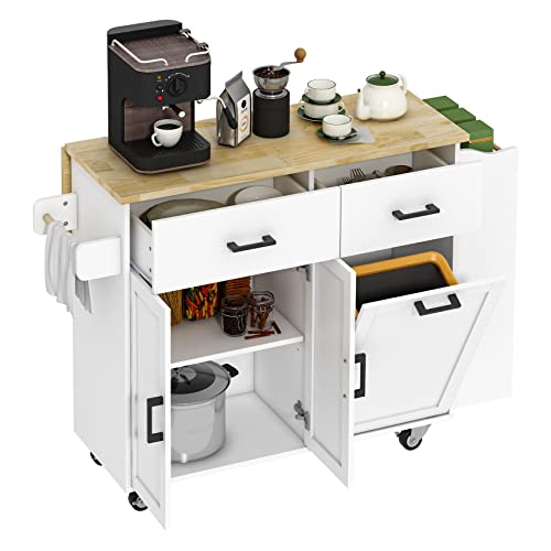 Rolling Kitchen Island with Trash Cabinet, 2 Drawers, Drop Leaf, 3 Spice Rack B17030