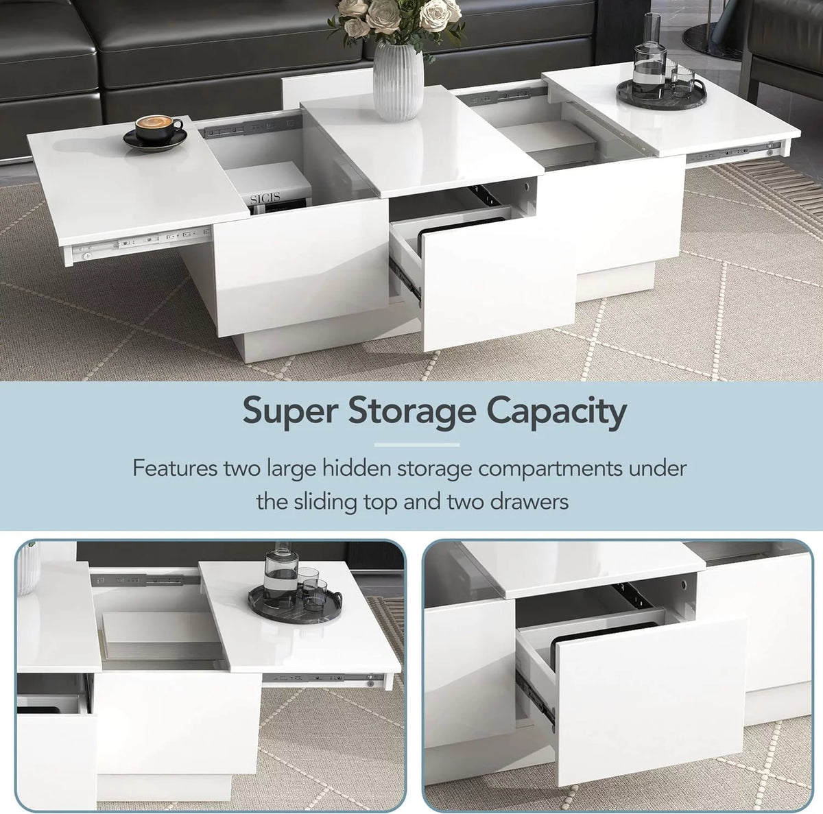 Extendable Coffee Table with 2 Drawers and Sliding Top, 39.3" White Z877461