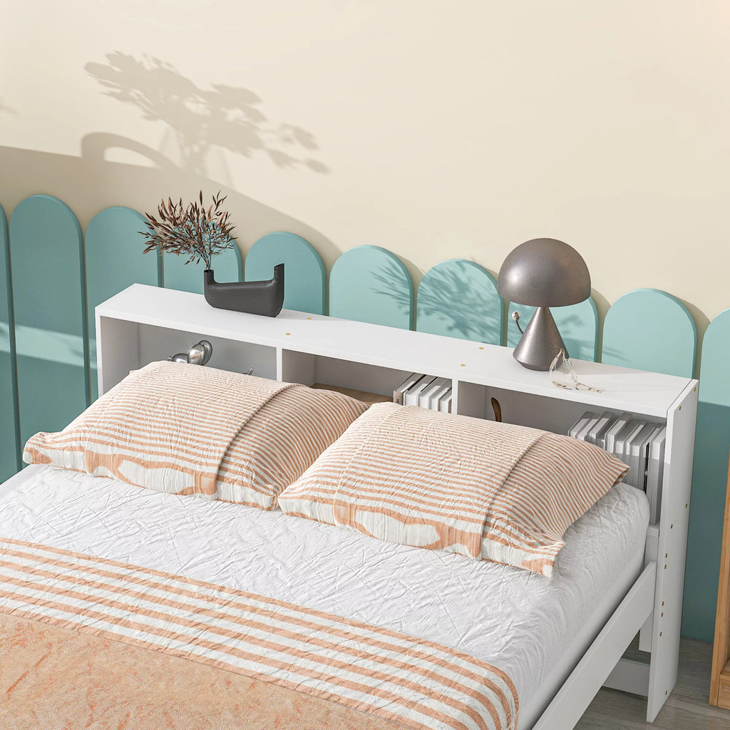 Full Over Full Bunk Beds with Bookcase Headboard Solid Wood Bed Frame with Safety Rail and Ladder White G3455