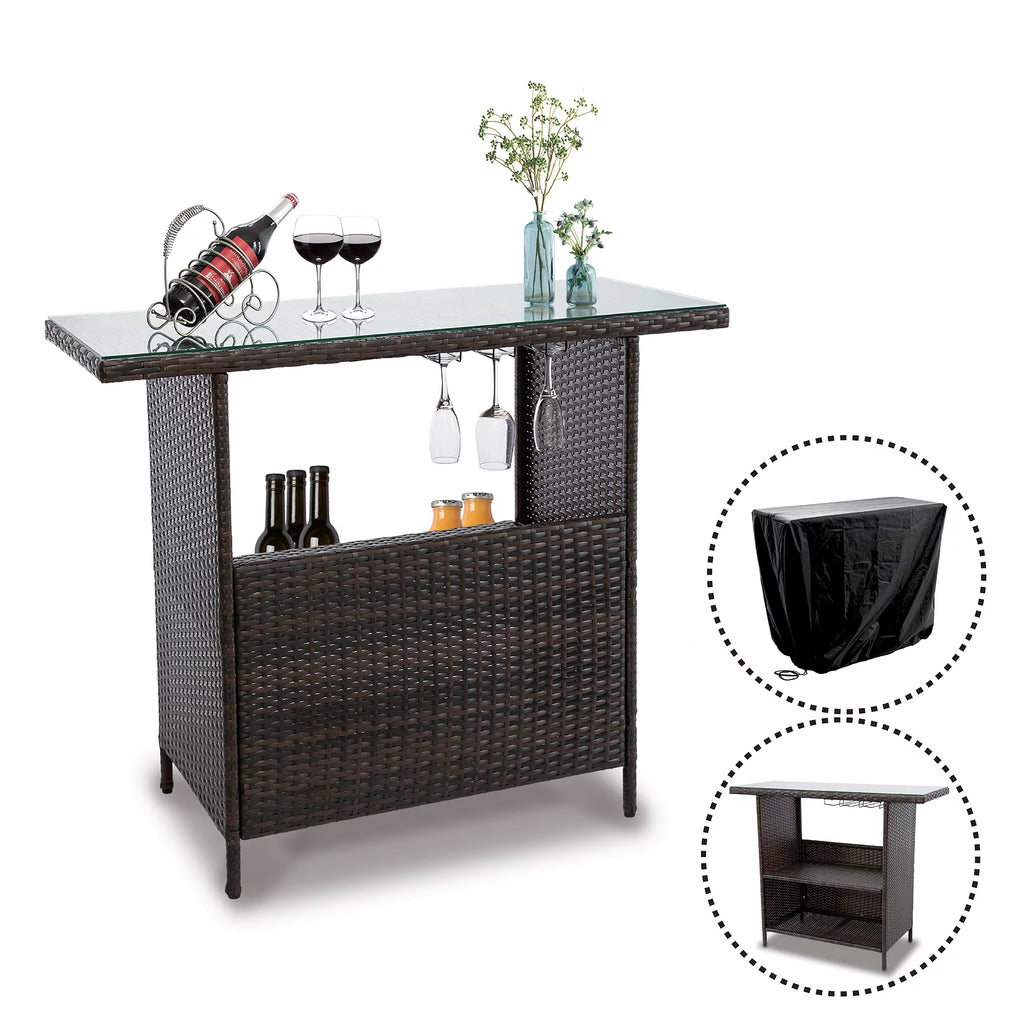 Outdoor Patio Rattan Wicker Bar Counter Table Tempered Glass Tabletop T4014