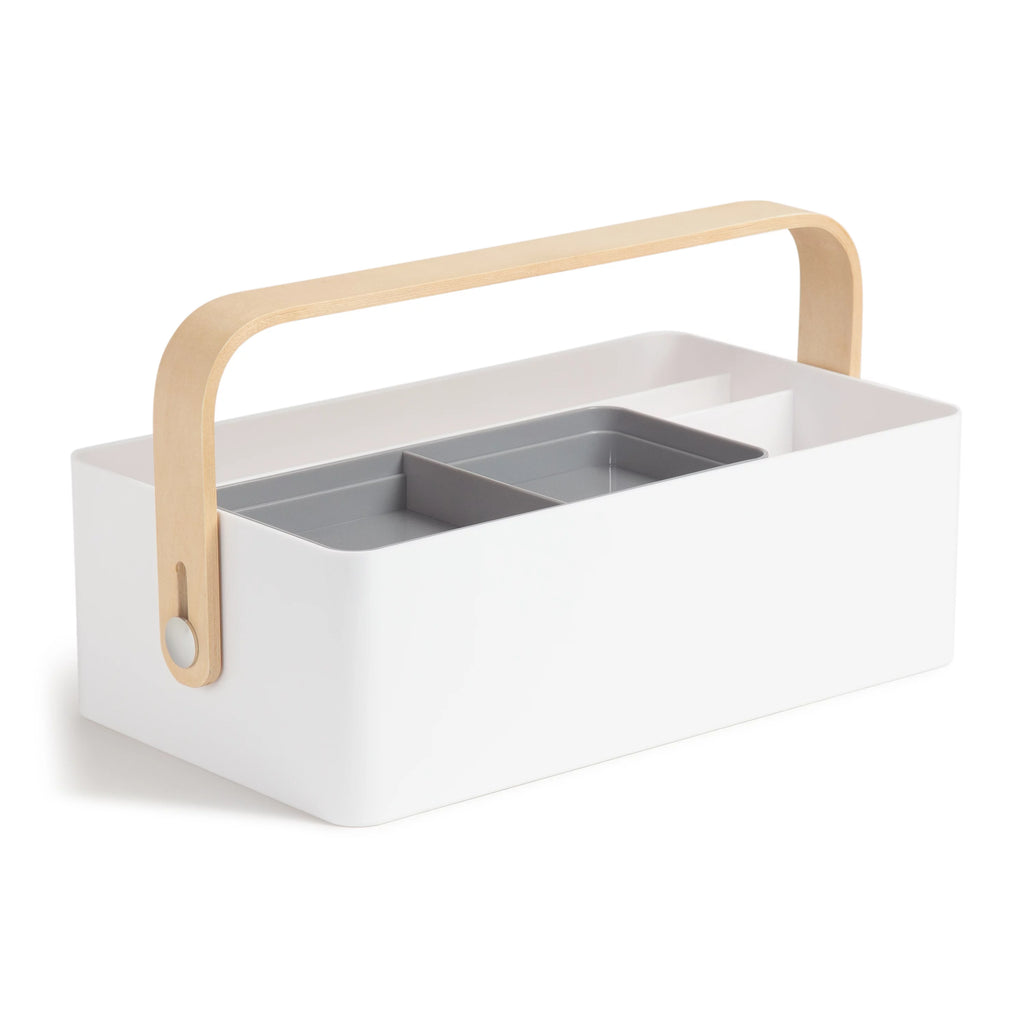 White Plastic and Wood Desk Caddy Z1360