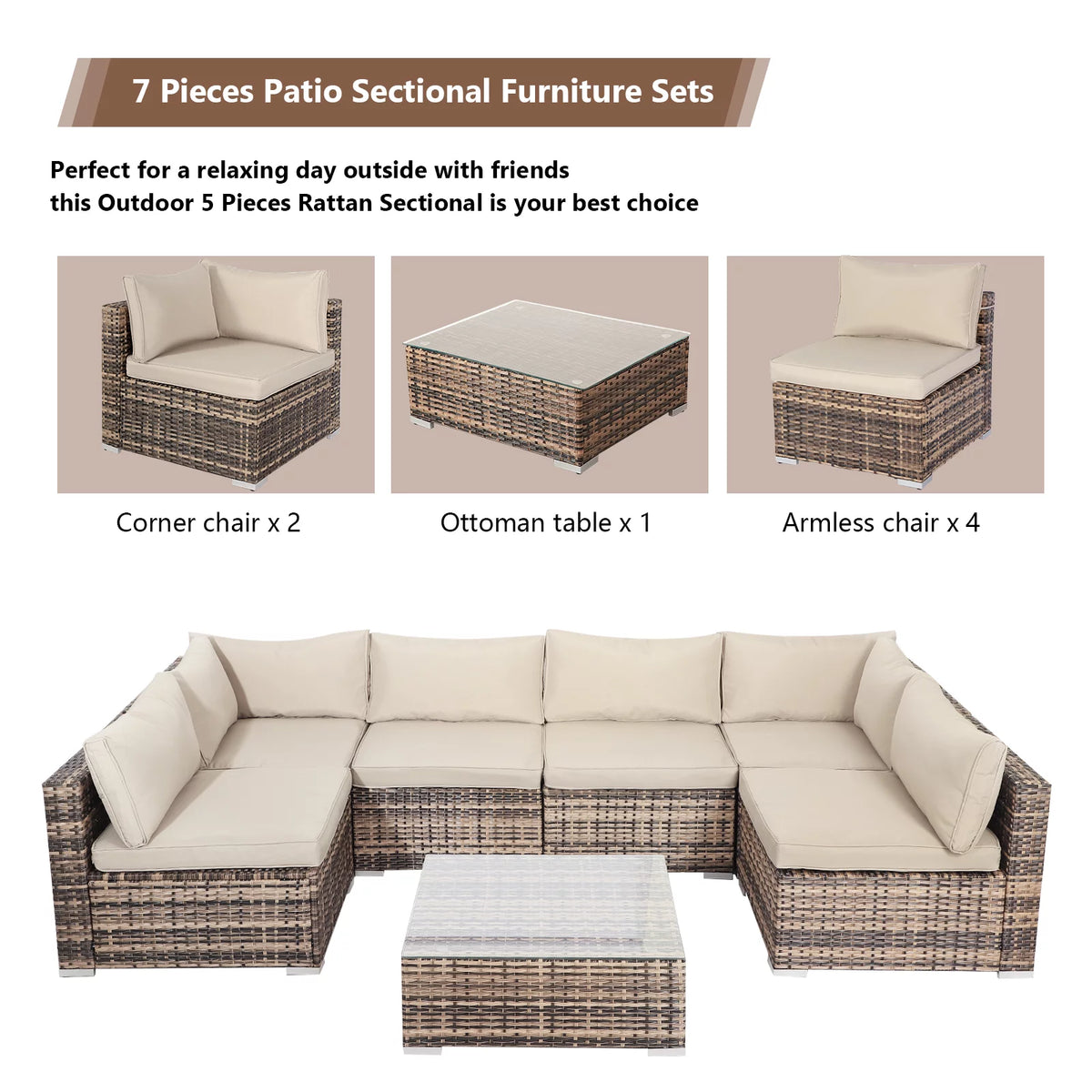 7 Pieces PE Rattan Patio Furniture Set with Table and Cushions W32096