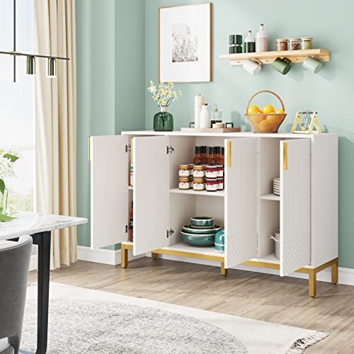 59 Inch White and Gold Buffet Cabinet with 4 Doors W7451
