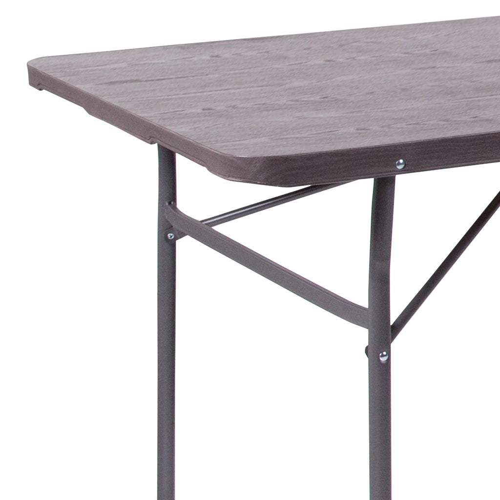 Bi-Fold Brown Wood Grain Plastic Folding Table with Carrying Handle A215
