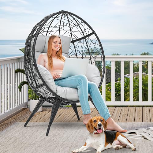 Large Wicker Egg Chair with Stand and Cushion Z218599