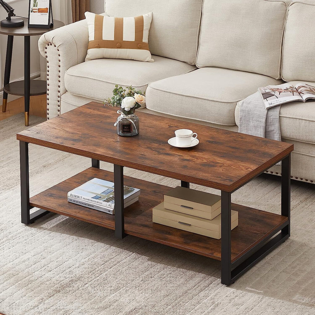 47 Inch Rustic Brown Wood Coffee Table with Storage Shelf U8701
