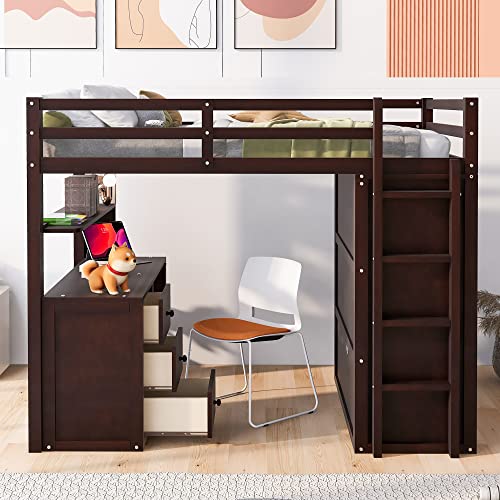 Full Size White Wood Loft Bed with Desk Wardrobe Storage Drawers C3840