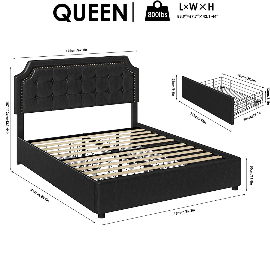 Black Upholstered Queen Bed Frame with 4 Storage Drawers P582