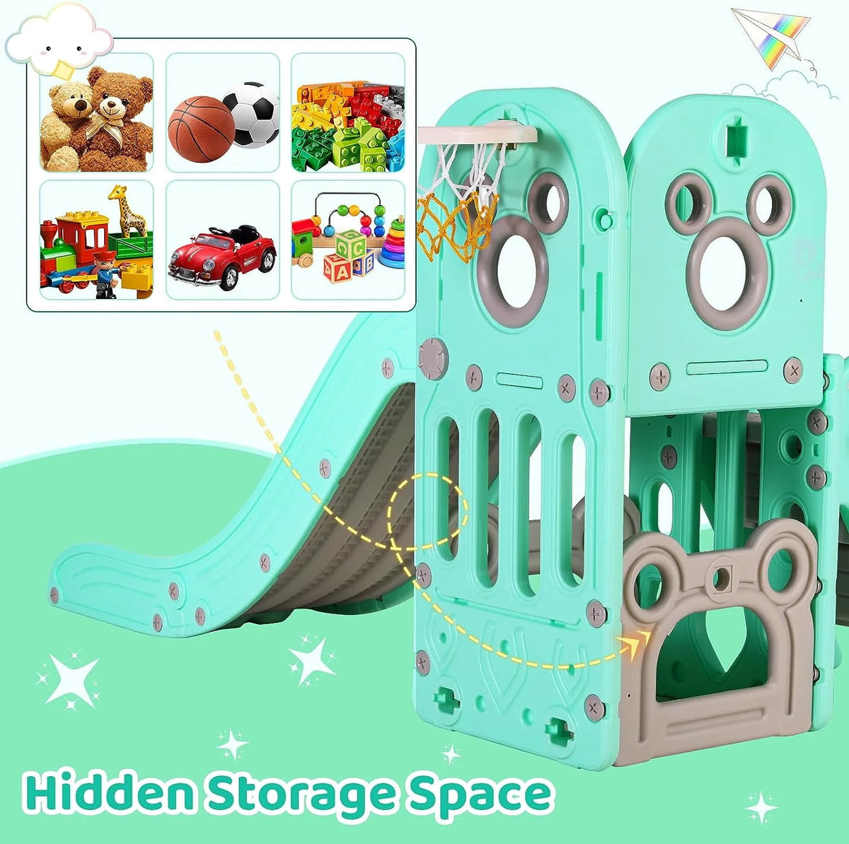 4 in 1 Toddler Slide and Climber Playset with Basketball Hoop B992