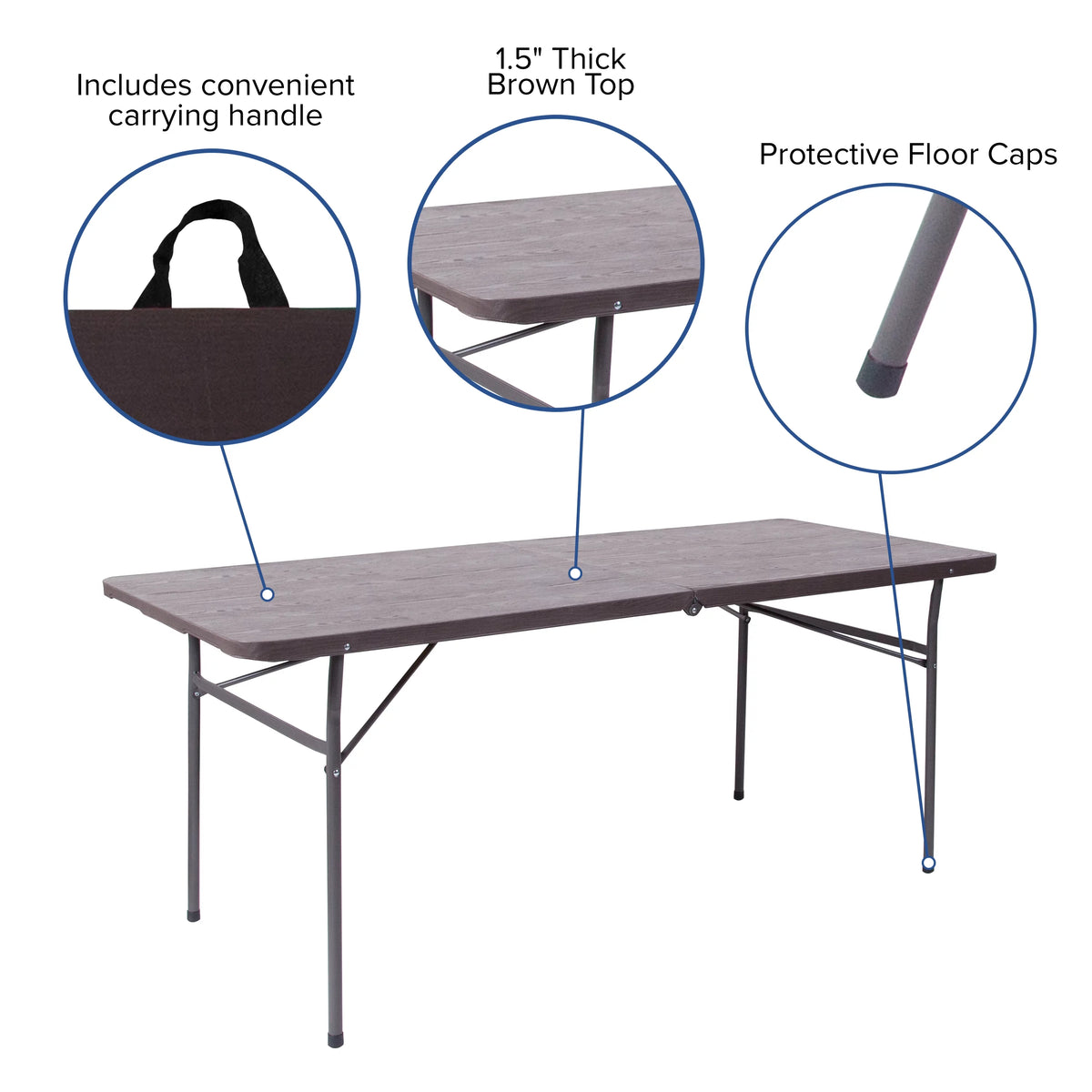 Bi-Fold Brown Wood Grain Plastic Folding Table with Carrying Handle A215