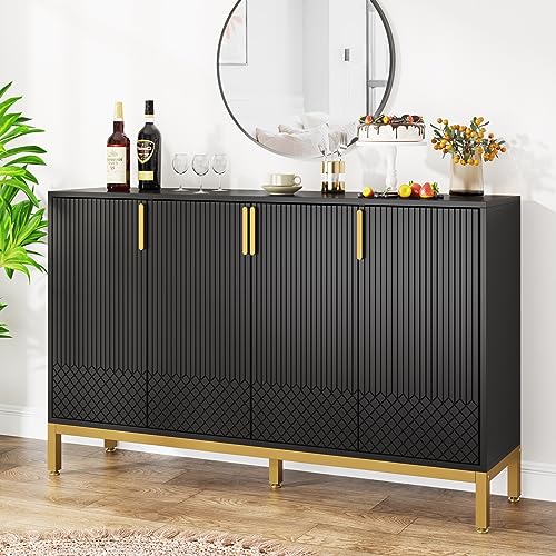 59 Inch White and Gold Buffet Cabinet with 4 Doors W7451