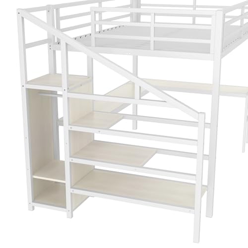 Queen Size White Wood Grain Metal Loft Bed with Desk and Wardrobe L486