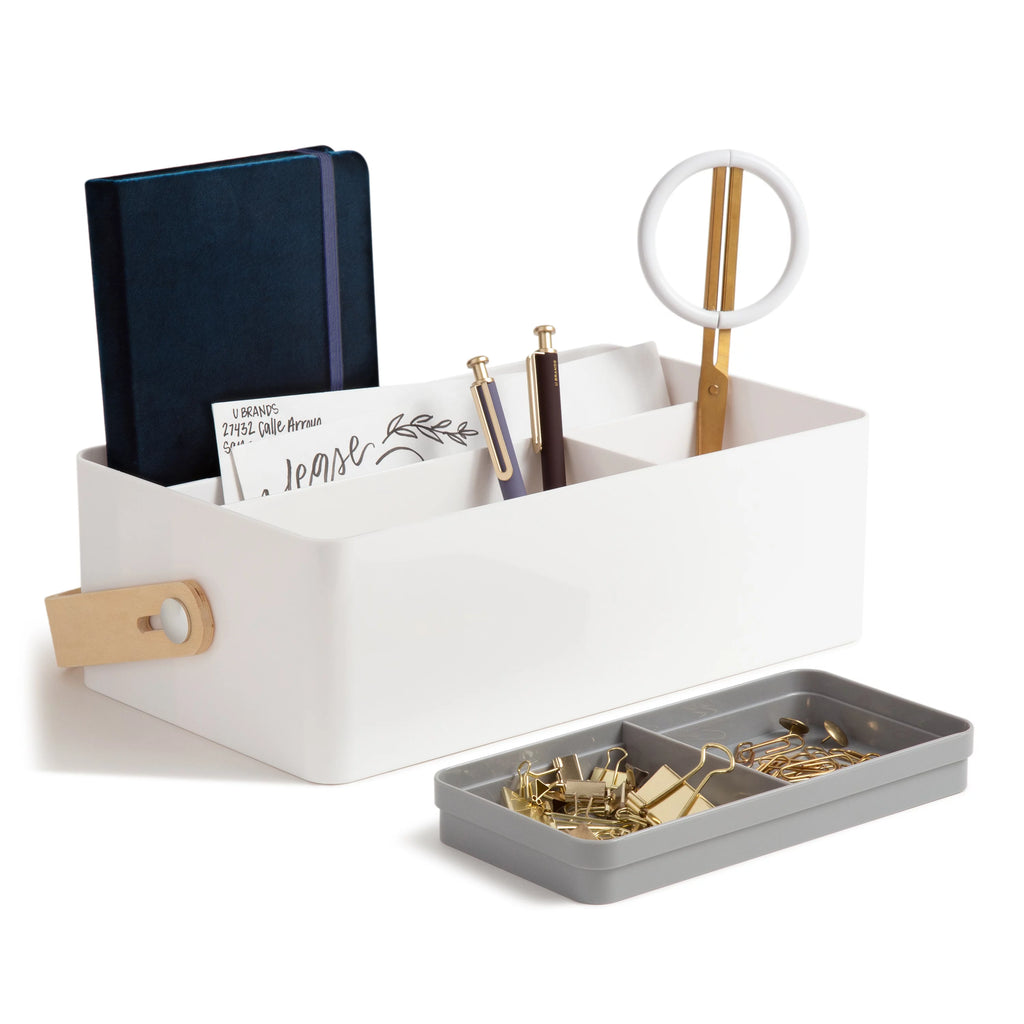 White Plastic and Wood Desk Caddy Z1360