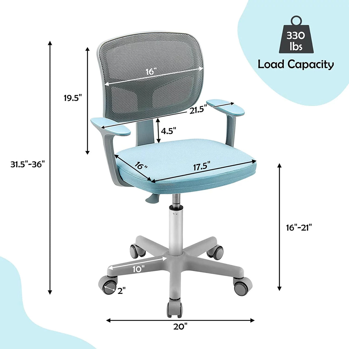 Blue Height Adjustable Swivel Mesh Kids Desk Chair T4963
