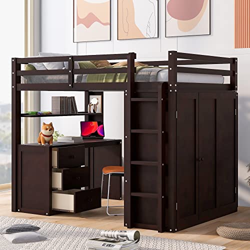 Full Size White Wood Loft Bed with Desk Wardrobe Storage Drawers C3840