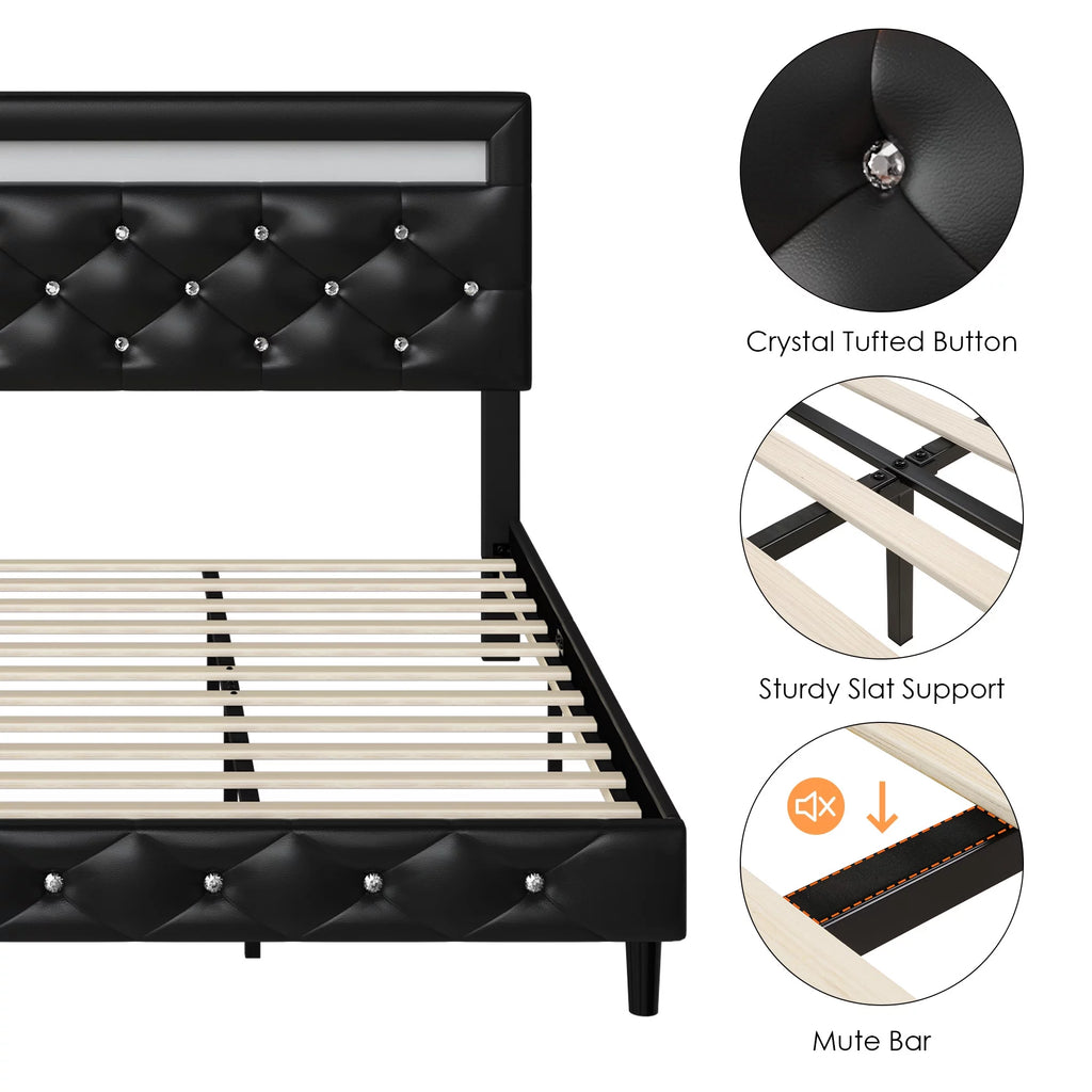 Queen Size LED Upholstered Platform Bed Frame with Adjustable Headboard Q166