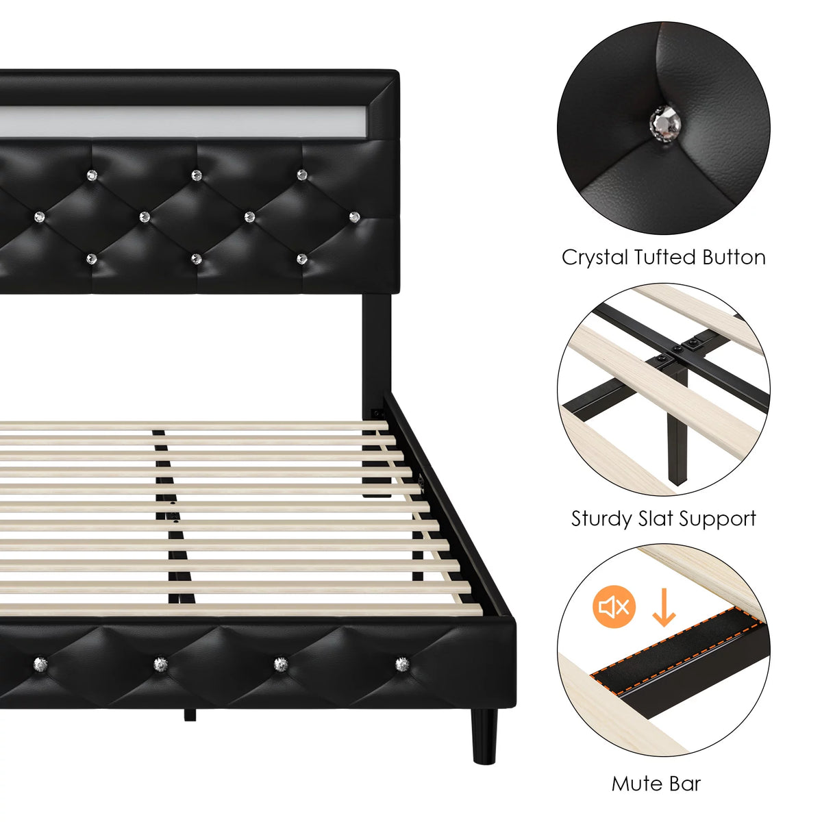Queen Size LED Upholstered Platform Bed Frame with Adjustable Headboard Q166