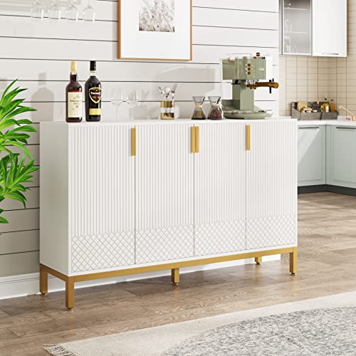 59 Inch White and Gold Buffet Cabinet with 4 Doors W7451
