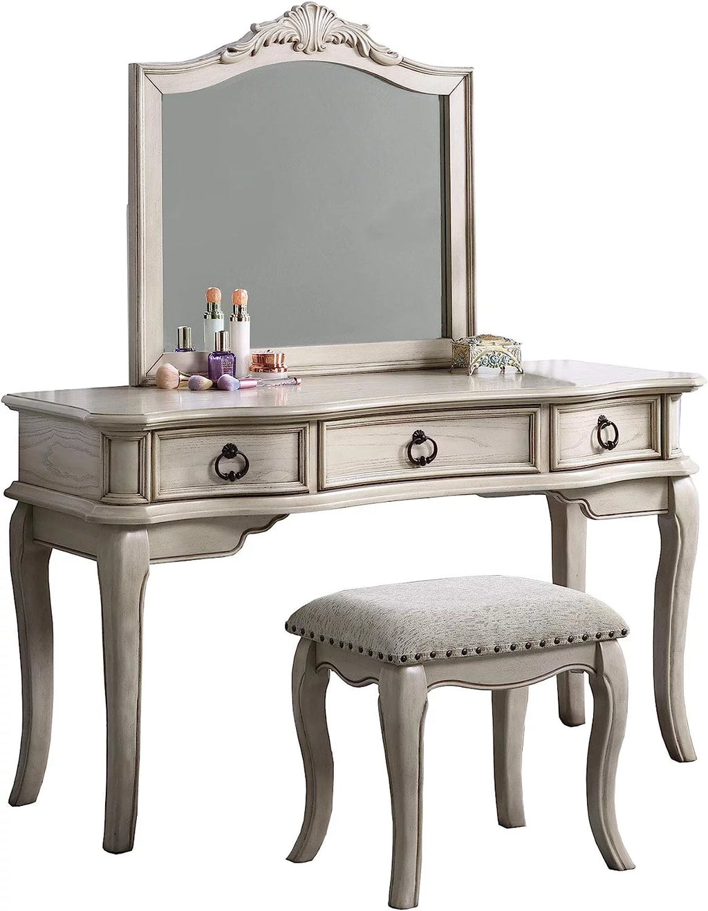 Antique White Vanity Set with Stool and Mirror B336549