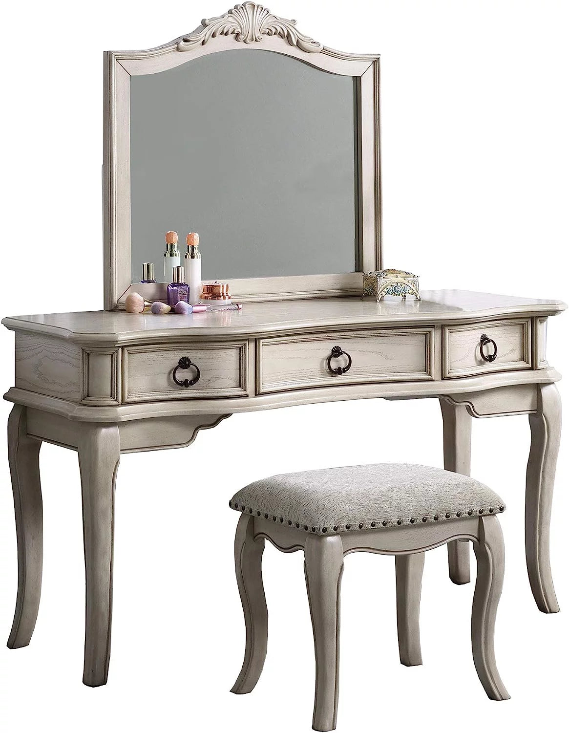 Antique White Vanity Set with Stool and Mirror B336549