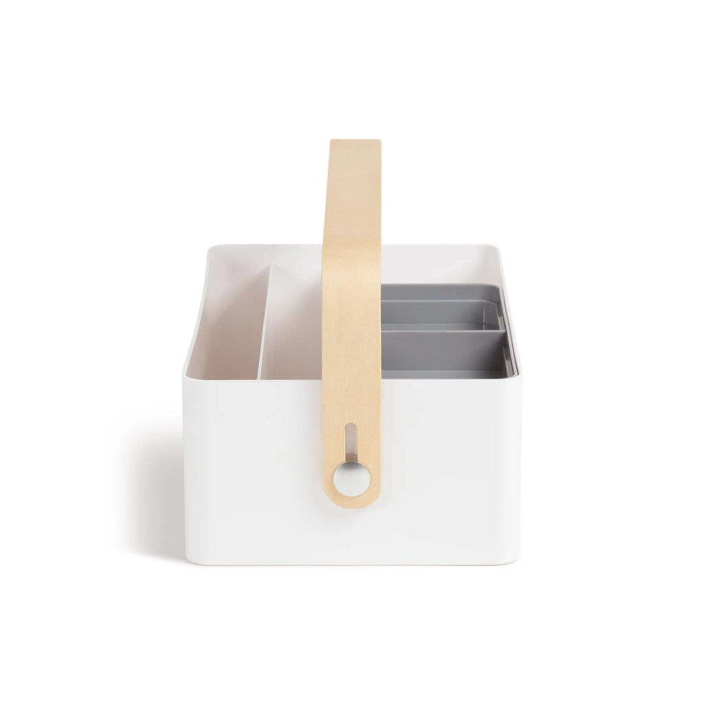 White Plastic and Wood Desk Caddy Z1360