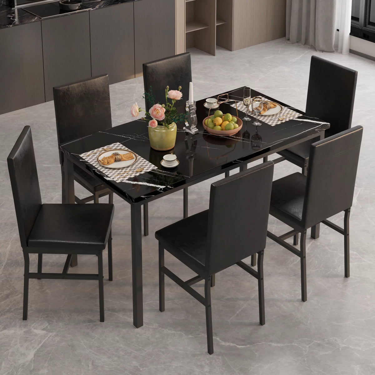 7 Piece Faux Marble Dining Table & Chair Set S800