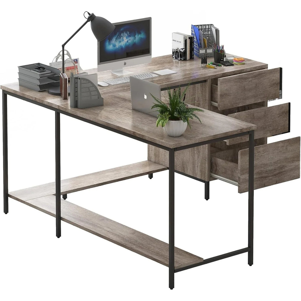 L-Shaped Computer Desk with Drawers Y348895