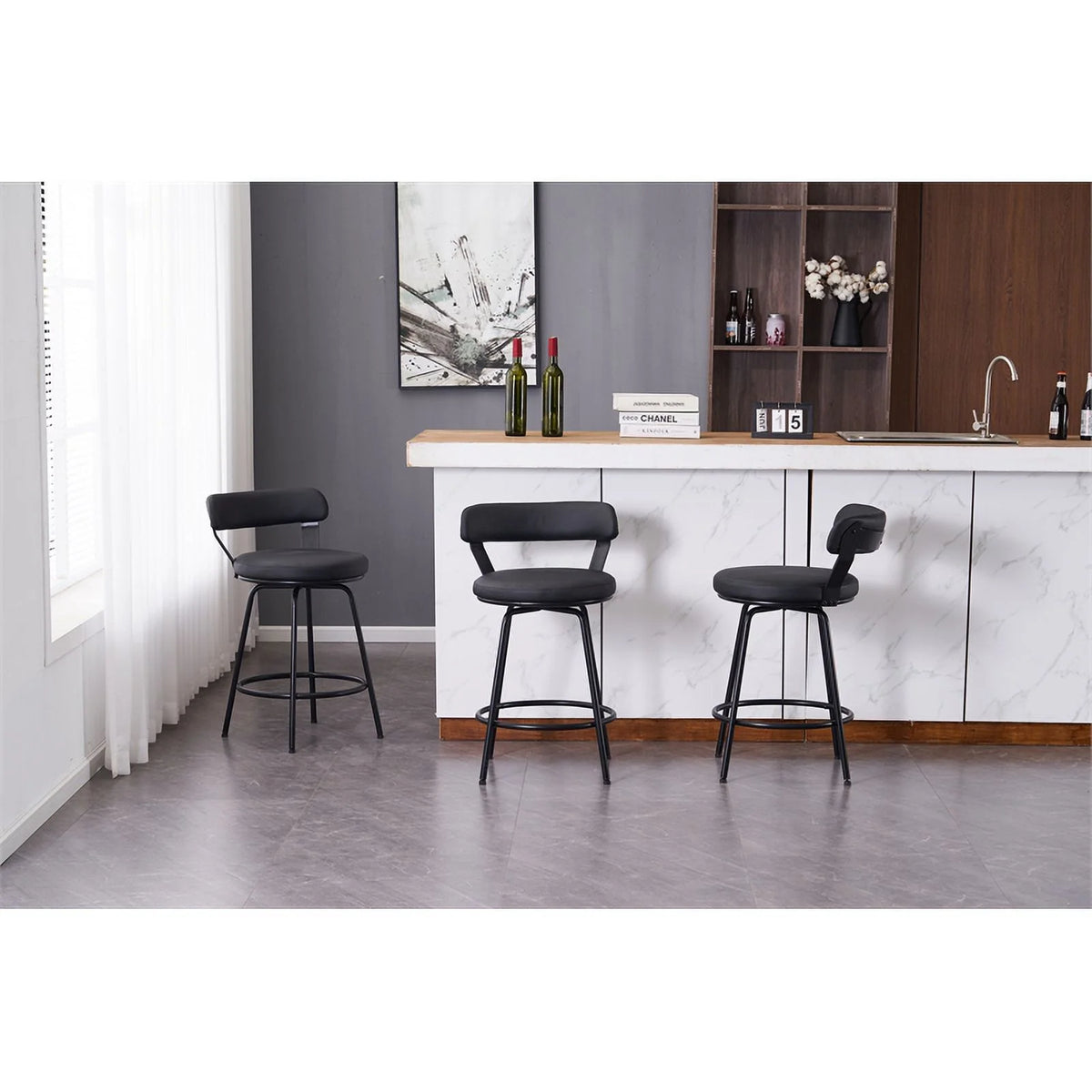 Black Faux Leather Swivel Counter Stool Set of 3 D89976
