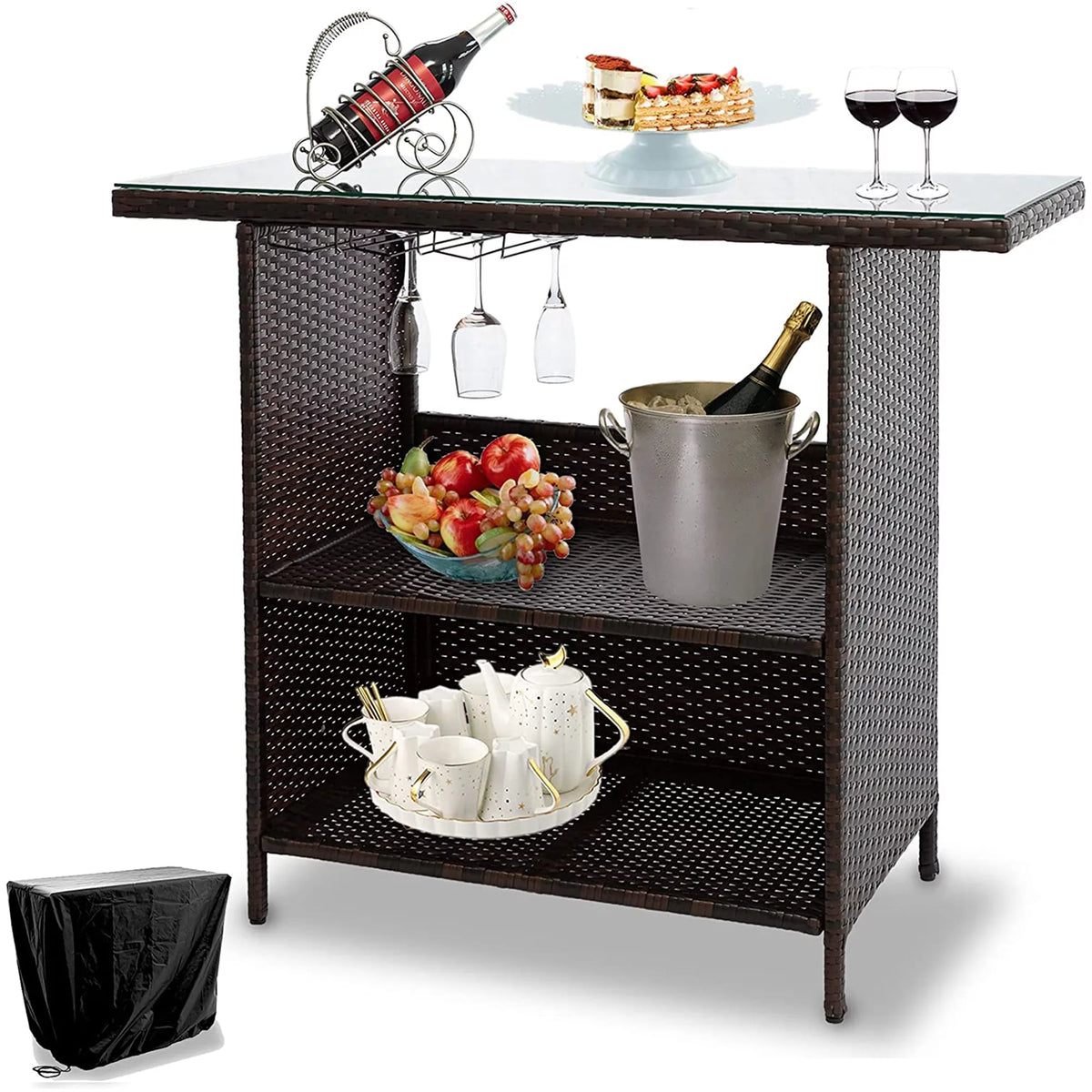 Outdoor Patio Rattan Wicker Bar Counter Table Tempered Glass Tabletop T4014
