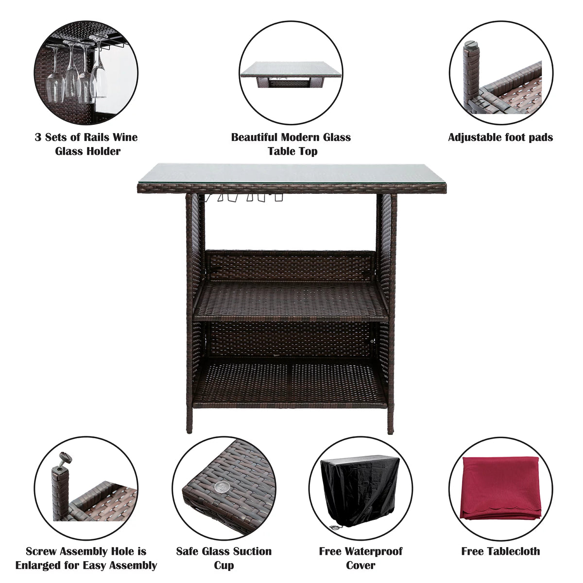 Outdoor Patio Rattan Wicker Bar Counter Table Tempered Glass Tabletop T4014