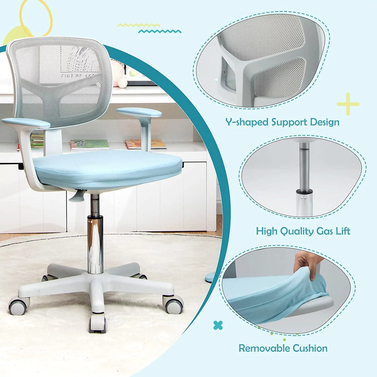 Blue Height Adjustable Swivel Mesh Kids Desk Chair T4963