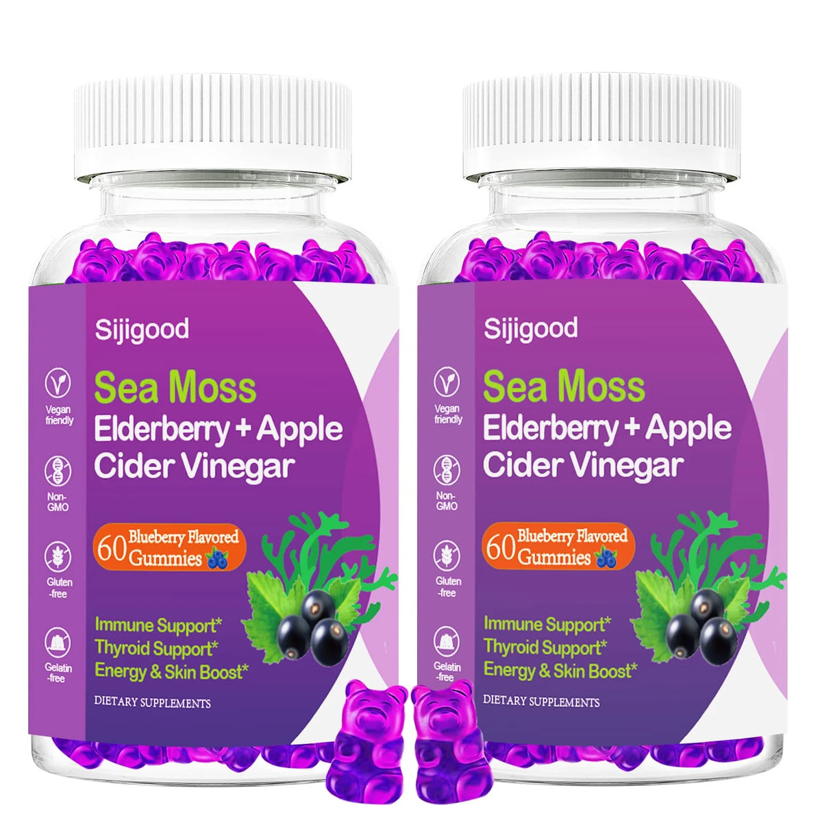 Organic Irish Sea Moss Gummies with Elderberry, Bladderwrack, Burdock, Apple Cider Vinegar, Chlorophyll, 120 Vegan Gummies J6219