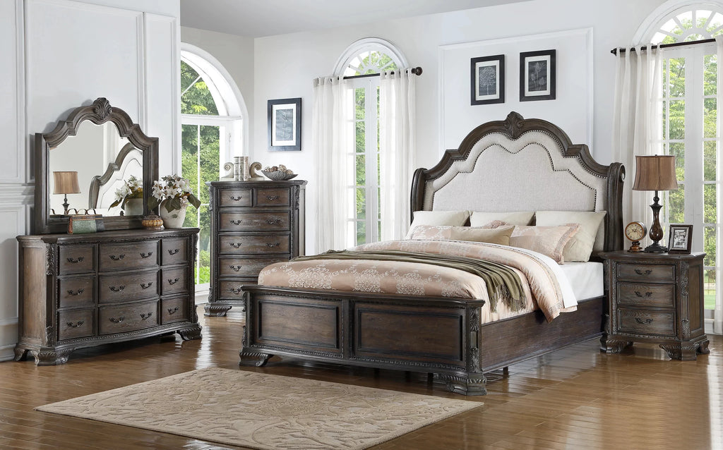 King Panel Bed Set Antique Gray Solid Wood K806