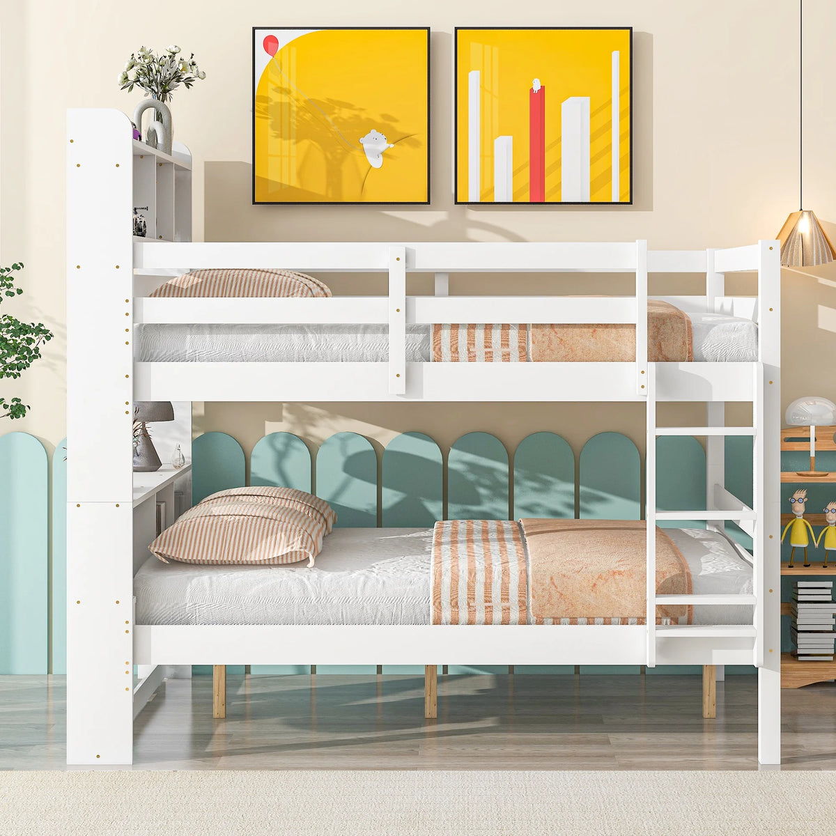 Full Over Full Bunk Beds with Bookcase Headboard Solid Wood Bed Frame with Safety Rail and Ladder White G3455