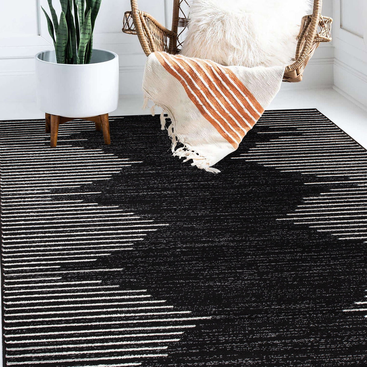 Black Bohemian Stripe Area Rug Z990