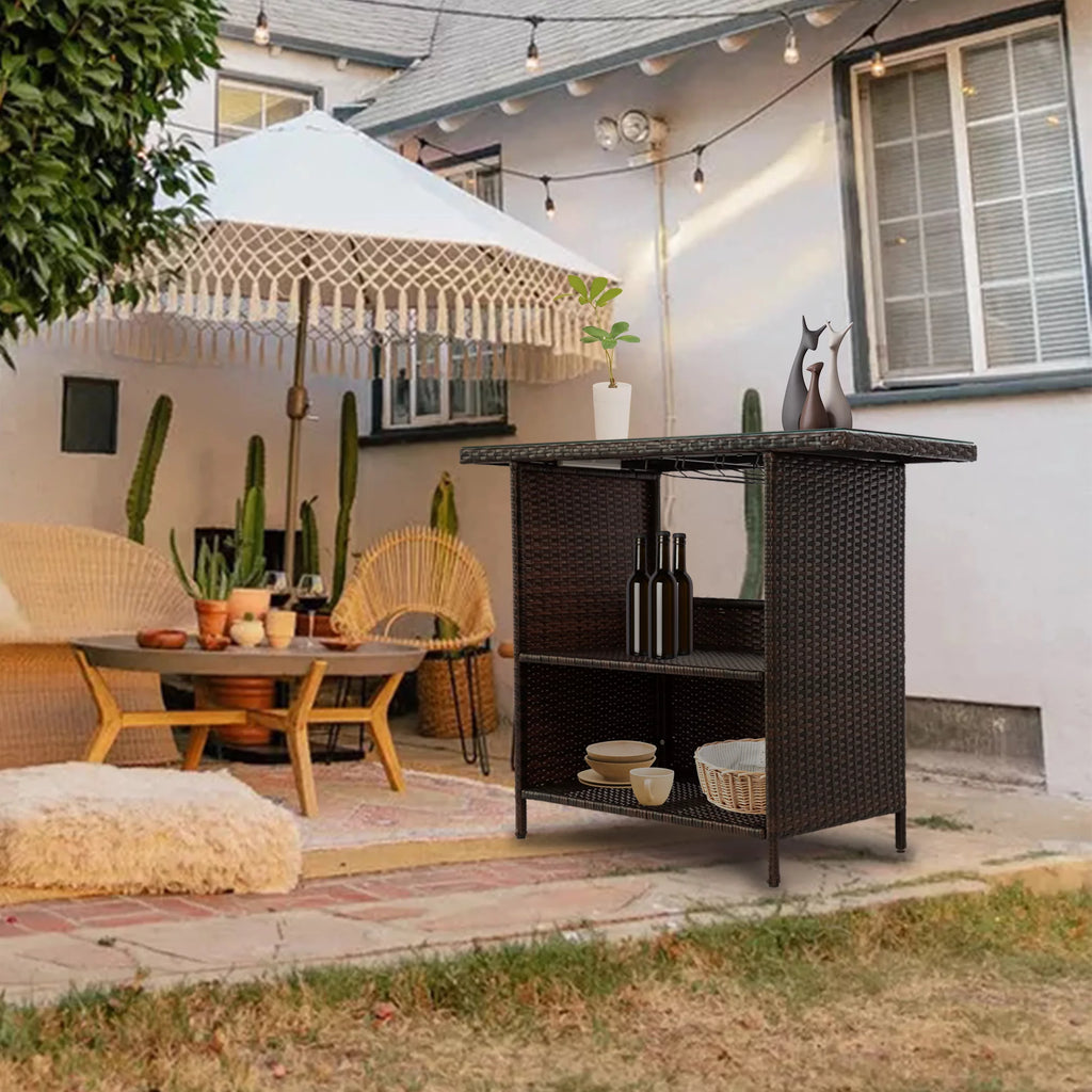Outdoor Patio Rattan Wicker Bar Counter Table Tempered Glass Tabletop T4014