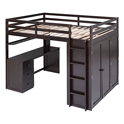 Full Size White Wood Loft Bed with Desk Wardrobe Storage Drawers C3840