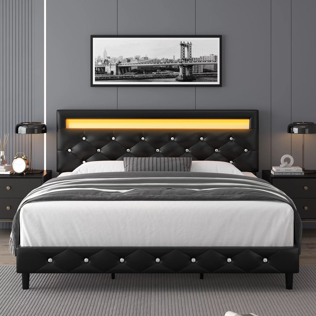 Queen Size LED Upholstered Platform Bed Frame with Adjustable Headboard Q166