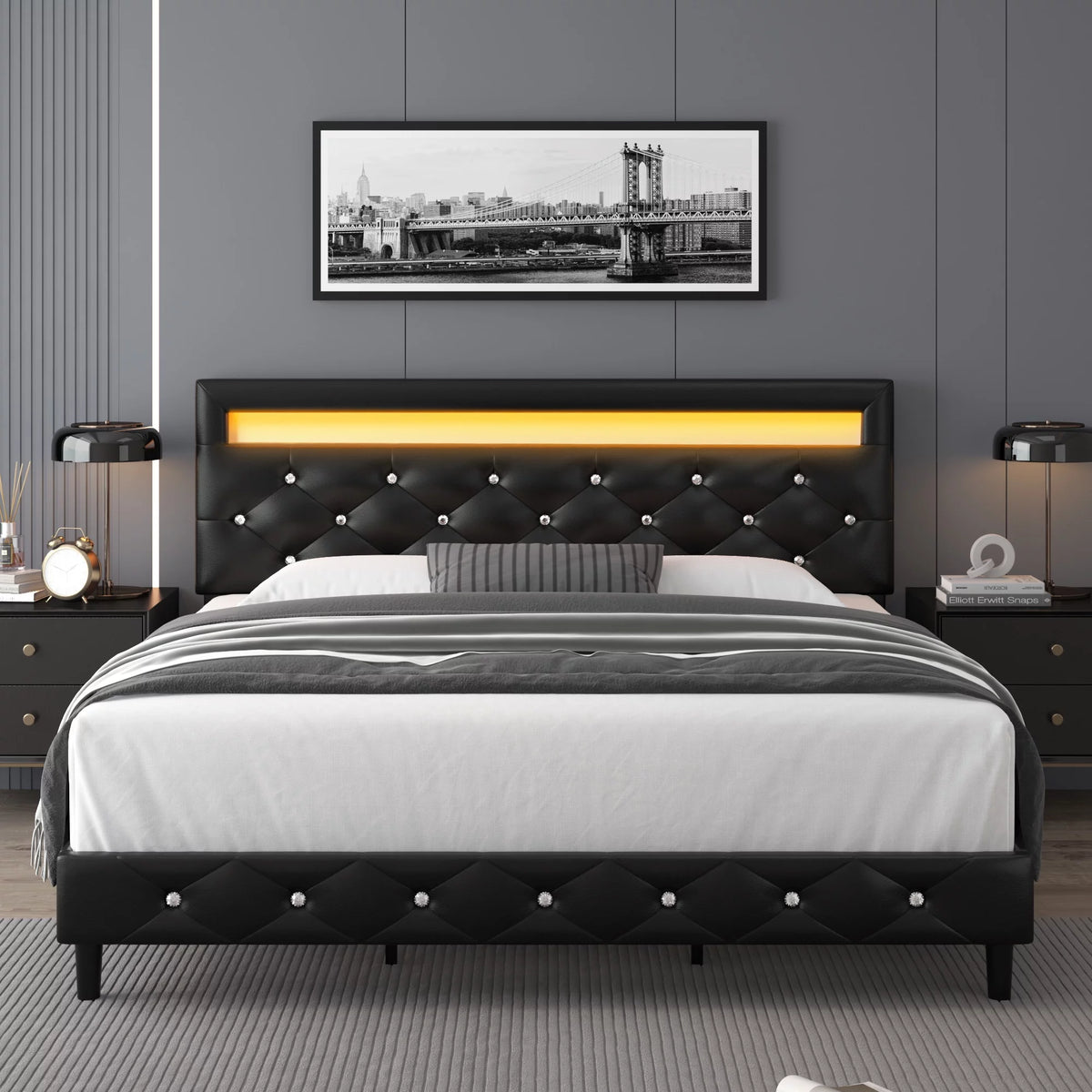 Queen Size LED Upholstered Platform Bed Frame with Adjustable Headboard Q166